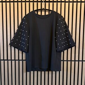 Ann Taylor Petites Black Top with Pearl Adorned Sleeves